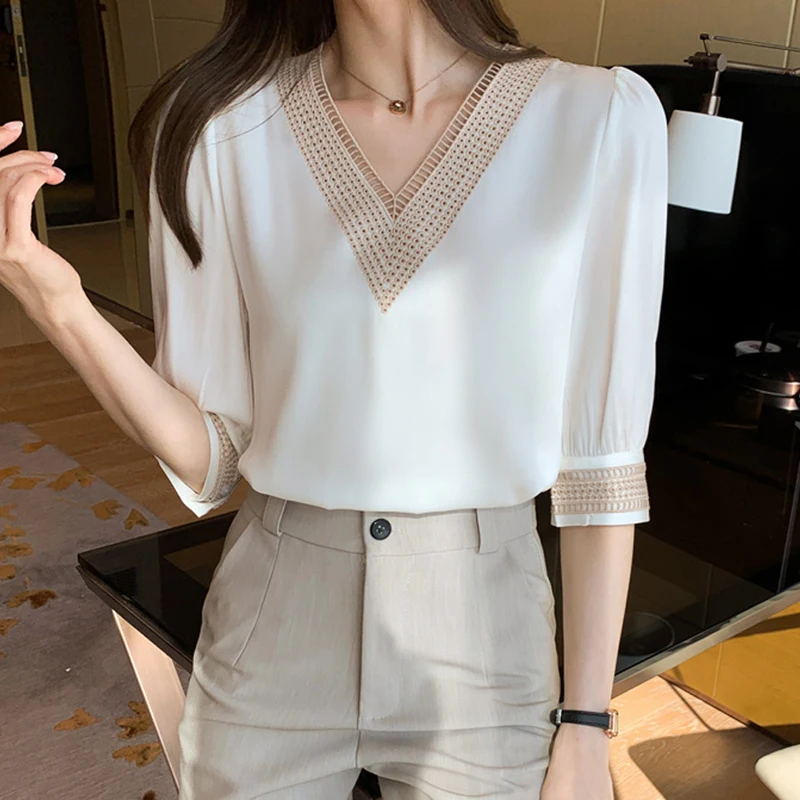 Women Shirts Blouses Femme White Blouse Tops Women Blusas Mujer De Moda 2023 Verano V-Neck Chiffon Blouse Shirt Tops Blusas E608