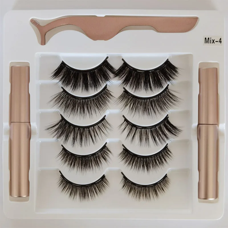 5 Pairs Magnetic Eyelashes False Lashes Repeated Use Eyelashes Waterproof Liquid Eyeliner With Tweezer Makeup Set