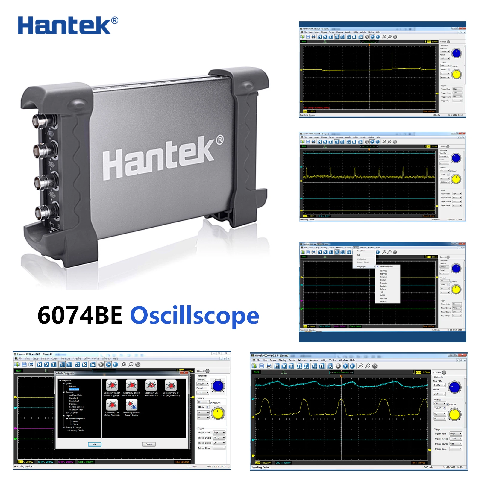 Hantek-osciloscópio 6074be (kit i) padrão, equipado com mais de 80 tipos de função de medição automotiva, usb2.0, 4 canais isolados