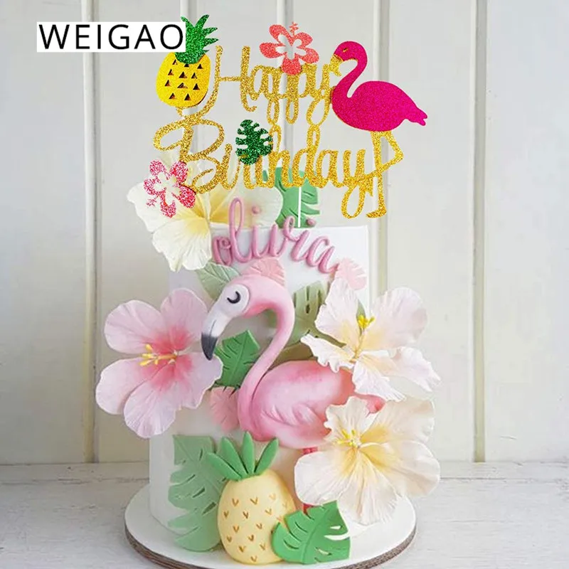 Tropical Flamingo Pineapple Happy Birthday Cake Topper Kids Baby Shower Birthday Wedding Cake Decoration Hawaii Party Supplies