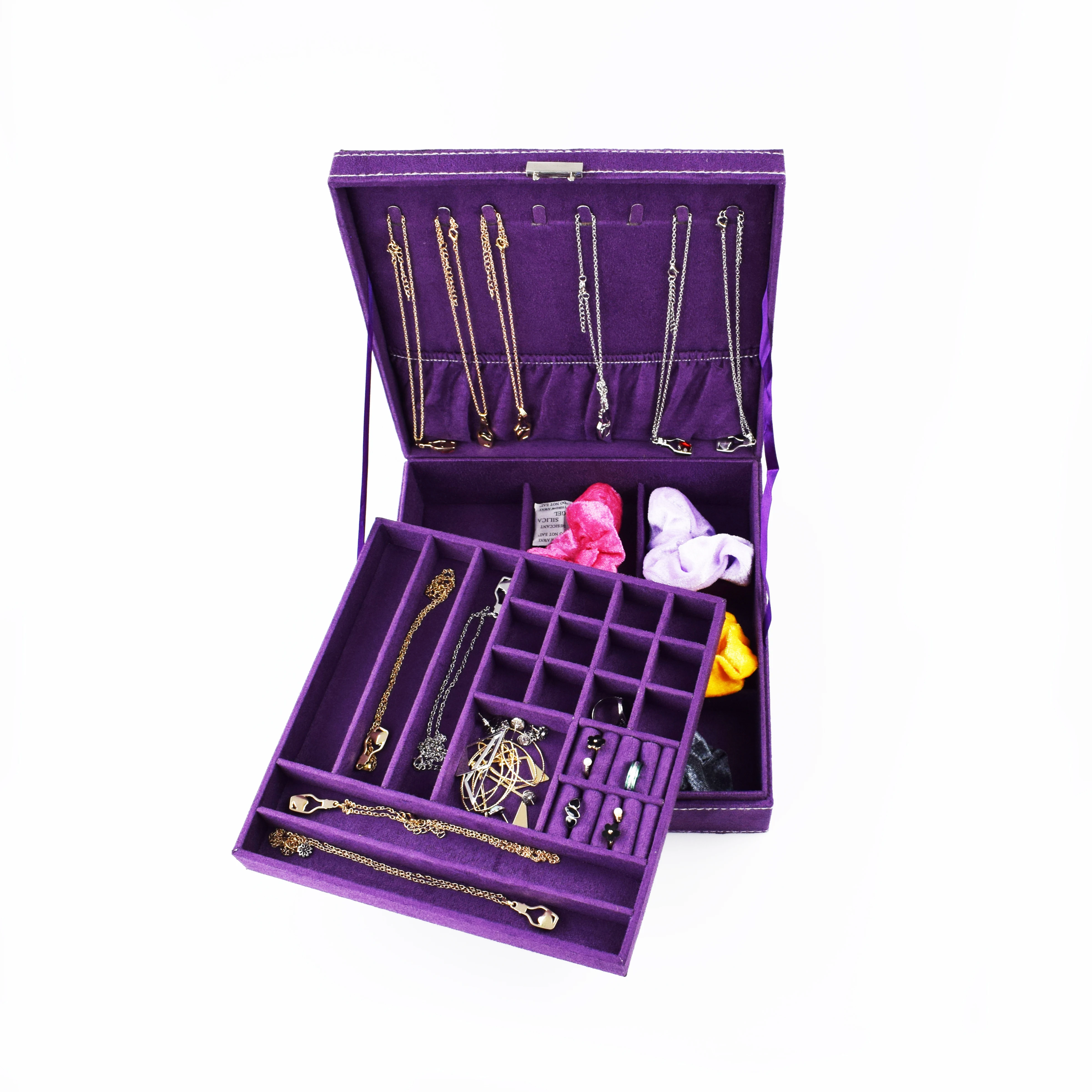 Purple two-layer lint jewelry box organizer display storage case with lock