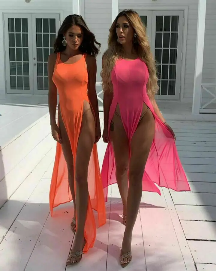 Osłona do Bikini Up damski strój kąpielowy biały czarna siatka plaża długa sukienka letni strój kąpielowy jednoczęściowy Kaftan tunika Cover-Up