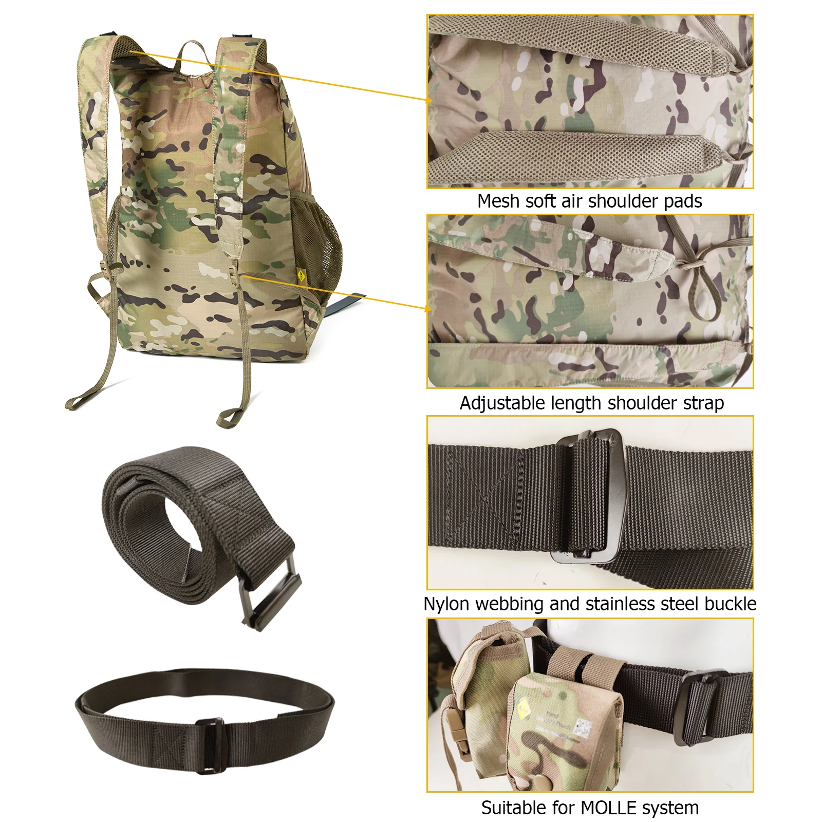 AKmax 30L Ultra Lightweight Fordable & Durable Daypacks with Waist Belt for Women and Men, Camouflage