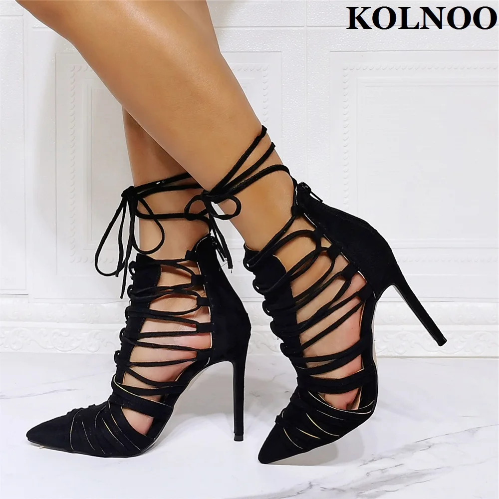 

Kolnoo New Handmade Ladies High Heeled Sandals Crisscross Straps Pointy Summer Black Party Shoes Large Size Fashion Dress Shoes