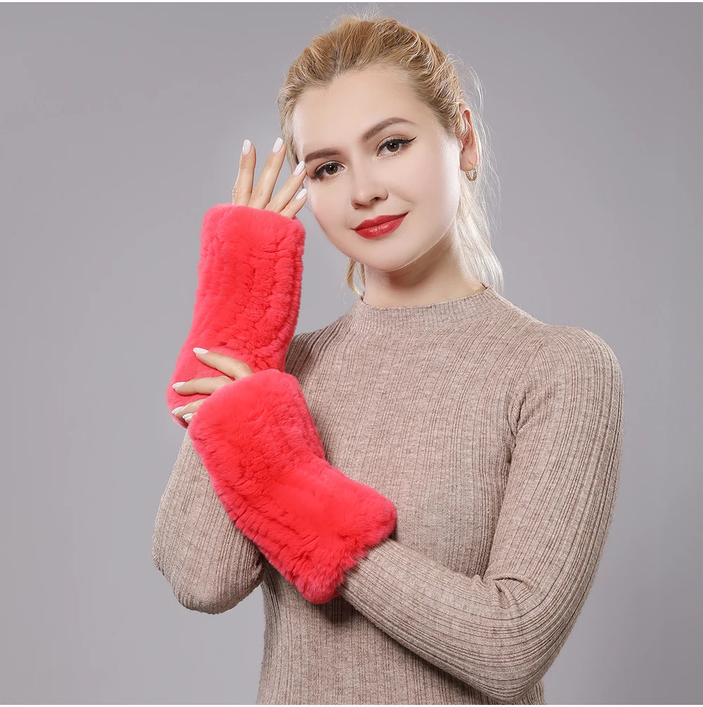 New Women 100% Real Genuine Knitted Rex Rabbit Fur Mittens Winter Warm Lady Real Fur Fingerless Gloves Handmade Knit Fur Mitten