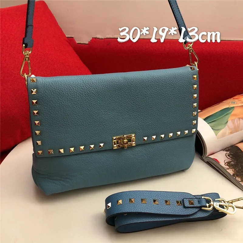 30cm Wide Strap Cross Body Bag Rivet Large Square Bag Women Genuine Leather Messenger Bag Genuine Real Leather Stud Shoulder Bag