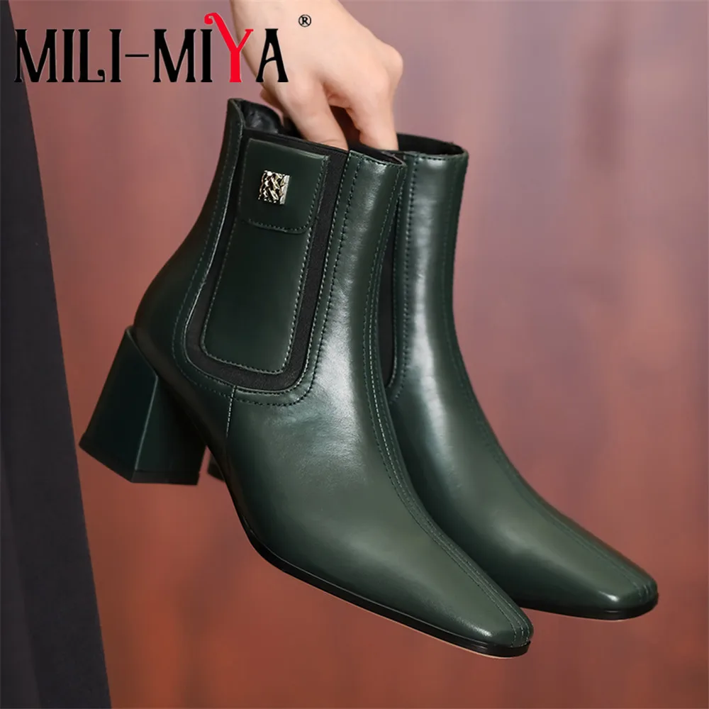 

MILI-MIYA Women Chelsea Ankle Boots Autumn Winter Fashion Genuine Leather Female Square Toe Thick High Heel Party Dress Shoes