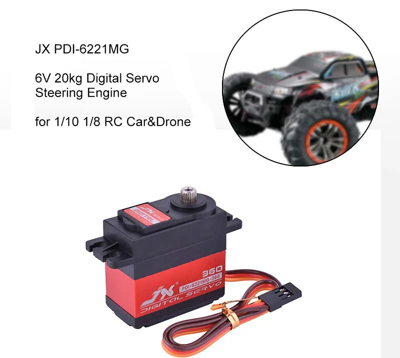 Hot JX PDI-6221MG-360 20KG 4.8V-6V Large Torque 360 Degree Digital Servo For 1/10 1/8 RC Car Boat Helicopter Parts Accessories