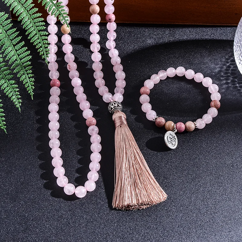 8mm Natural Rhodolite Rose Quartz Beaded Necklace Set Meditation Yoga Spirit Jewelry 108 Japa Mala Rosary with OM Pendant