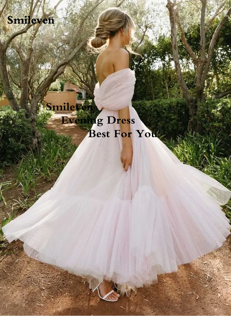 Smileven Light Pink Dotted Tulle Sweetheart Short Prom Dresses A Line Tea Length Evening Gowns Off The Shoulder Party Dress