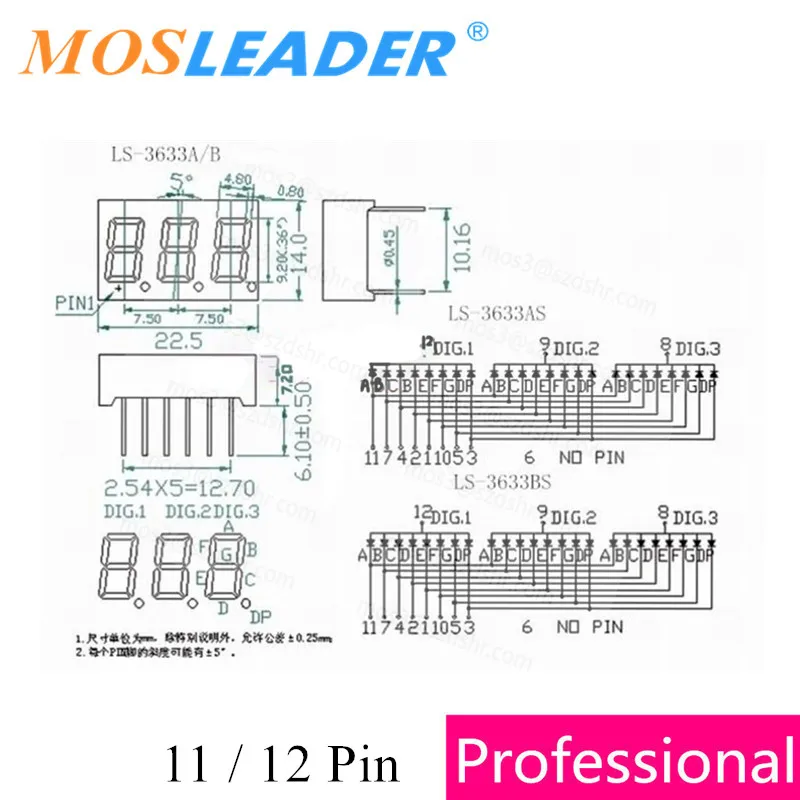Mosleader 500pcs 3 Digits LED Display 0.36" Red Blue 0.36 inch 11P Common cathode Common anode 0.36 in. 3 Bit Digit Digital tube