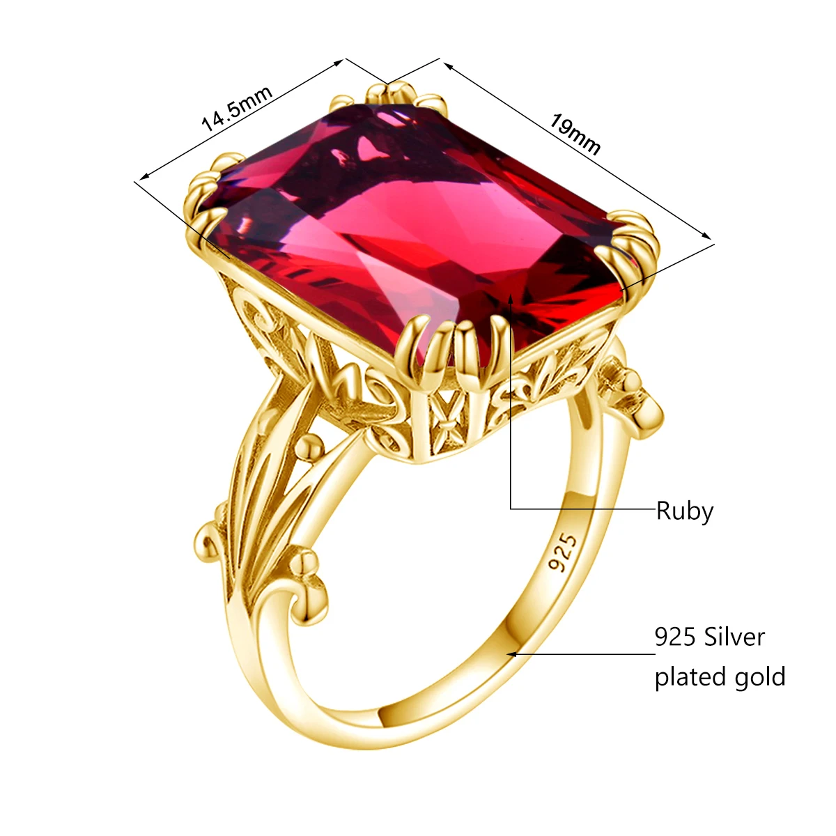 18K Goldfarbener Ring mit rotem Rubin für Damen, Retro 925 Sterling Silber Hochzeits- und Verlobungsschmuck mit Hohlmuster – Detail 1