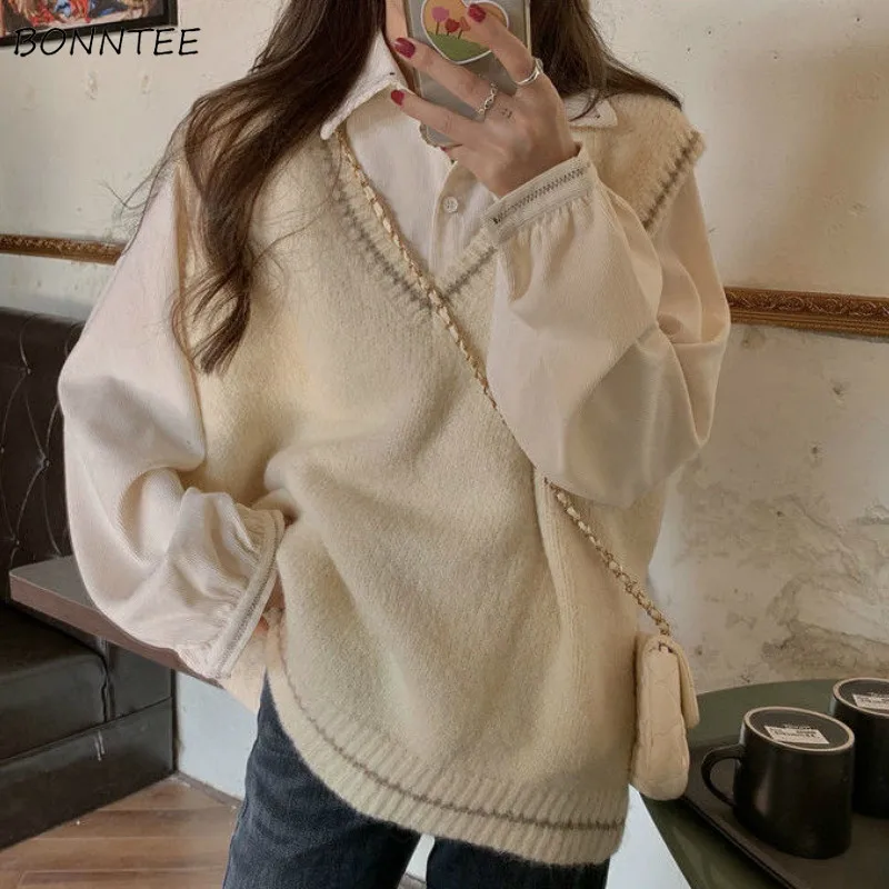 Sweater Vest Women V-Neck Chic Patchwork Loose Student Leisure All-math Comfortable Ladies Clothing Knitted Wear Fashion Autumn