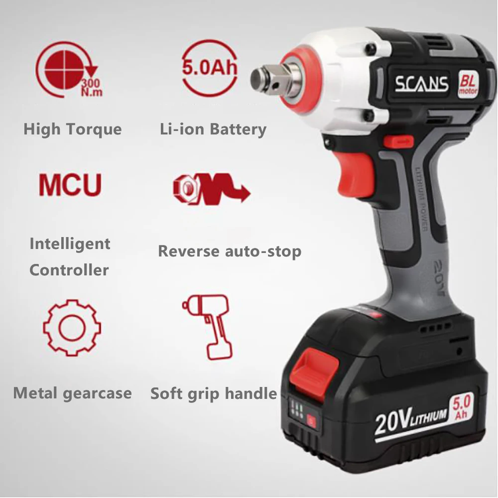 20V Cordless 1/2inch Impact Wrench S880 Socket Wrench Brushless 310NM Max Torque with  20v 5000mAh Battery Wrench