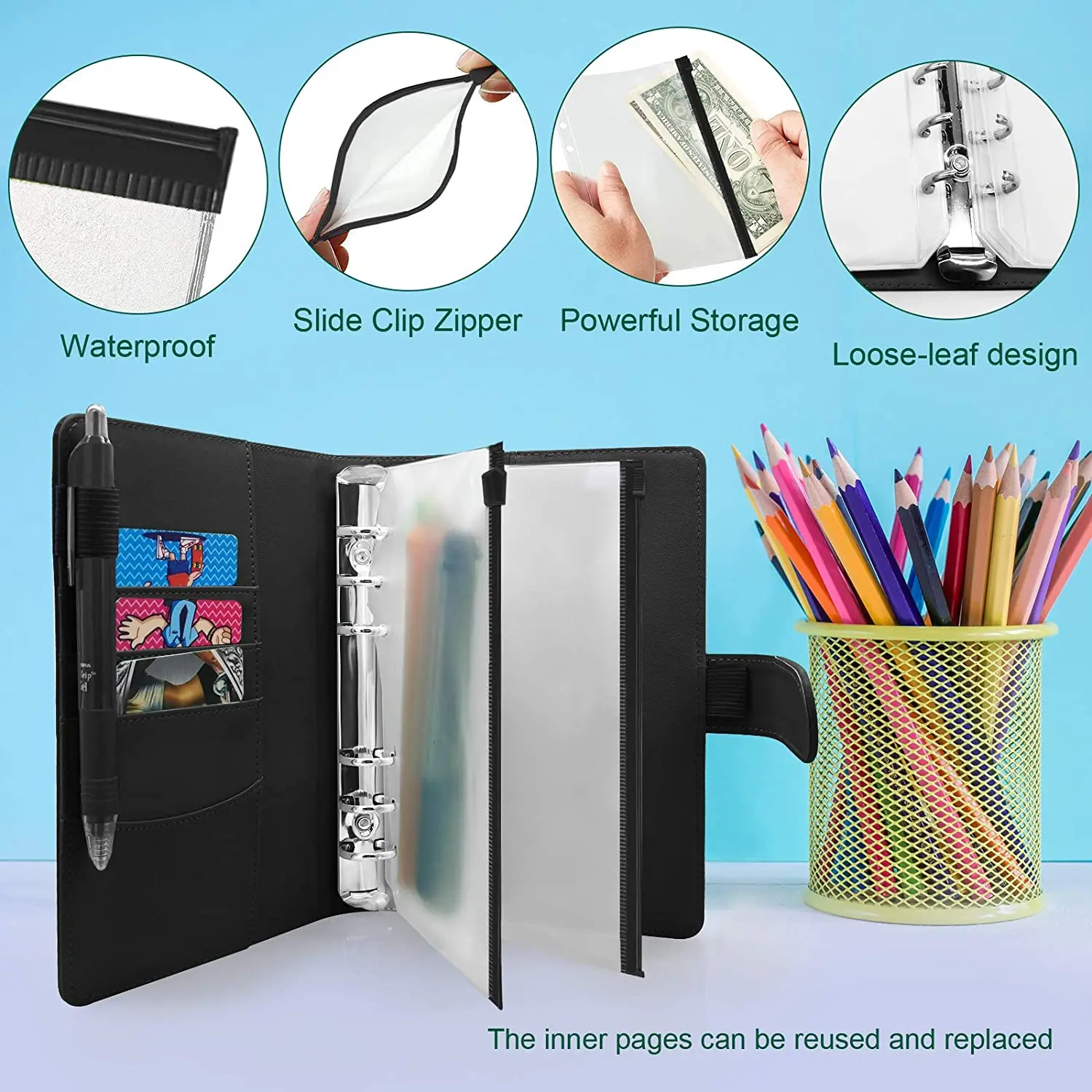 12Pcs/Set A6 Binder Zipper Pouch Loose Leaf 6 Hole PVC Folder for 6-Ring Journal Budget Filing Pockets Waterproof Envelopes