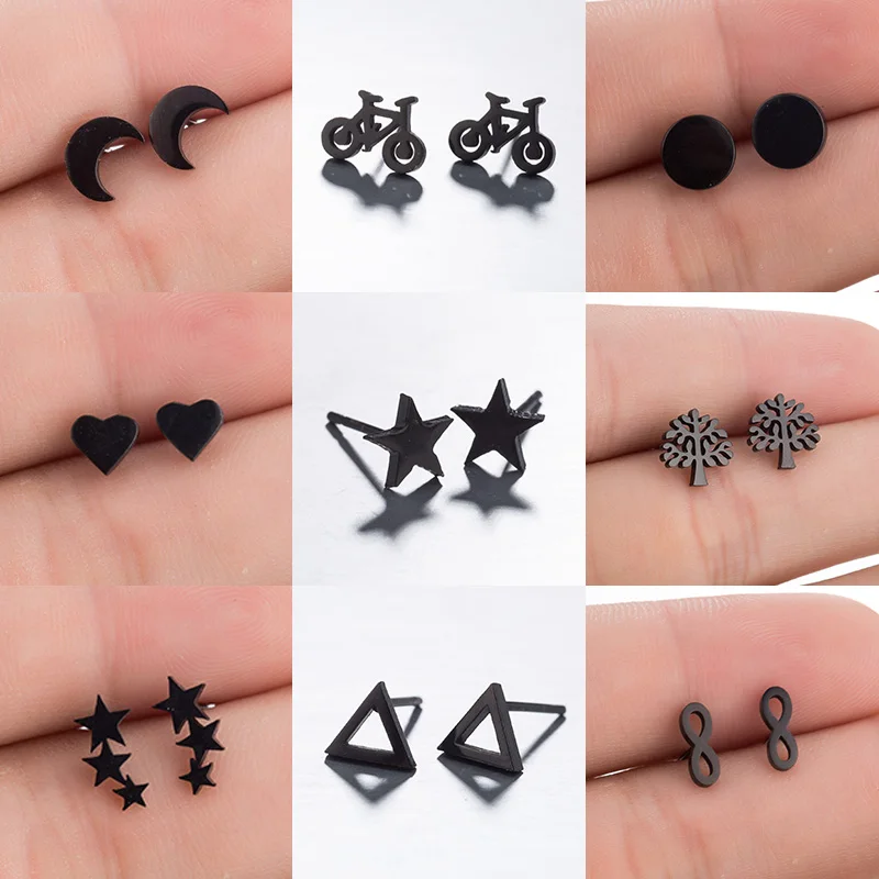 Mini Edelstahl Ohr stecker Ohrringe schwarz minimalist ischen runden Stern Dreieck Herz Baum Ohrringe für Frauen Männer Schmuck cooles Geschenk