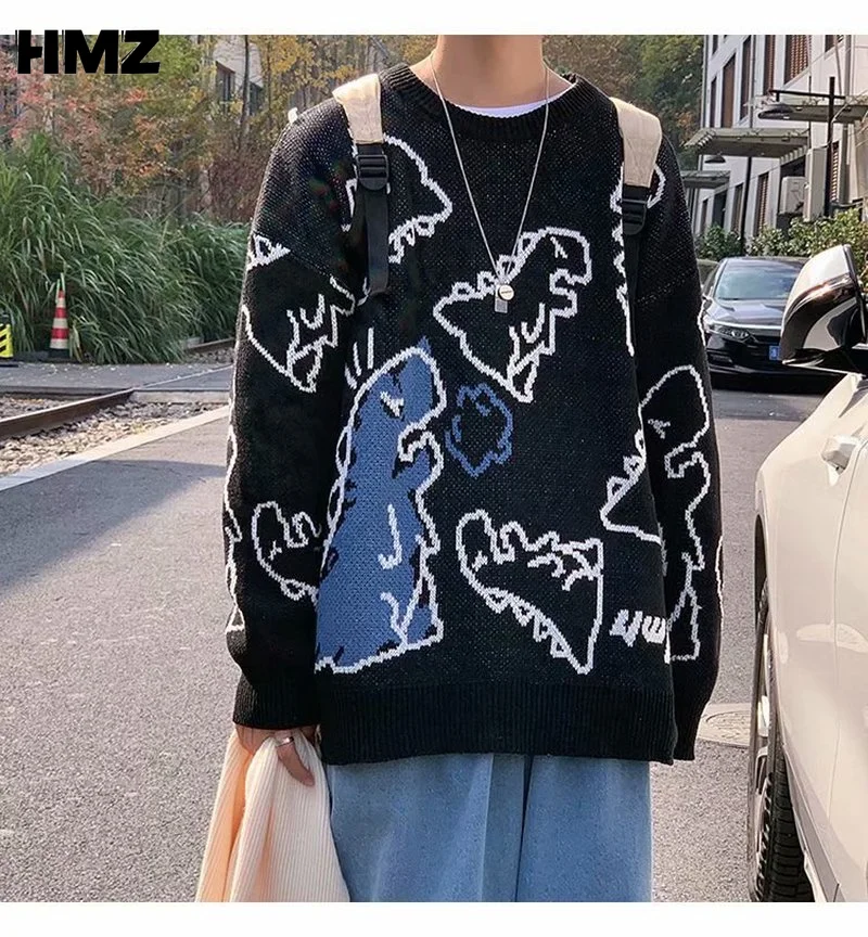 

HMZ Autumn Dinosaur Cartoon Pattern Knitted Sweater Japanese Color Couple Pullover Loose Round Neck Sweater Men Clothes Winter