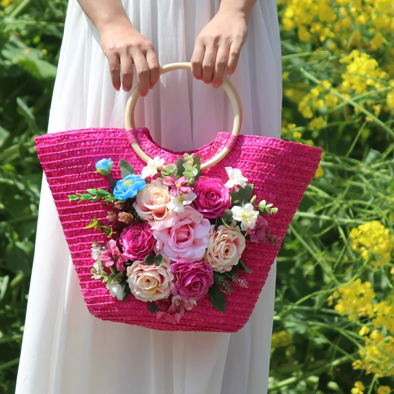 Summer Holiday Vacation Casual Bohemia Tote and Hat Colorful Flower Wave Raffia Rattan Handbag Women Fashion Straw Beach Bag