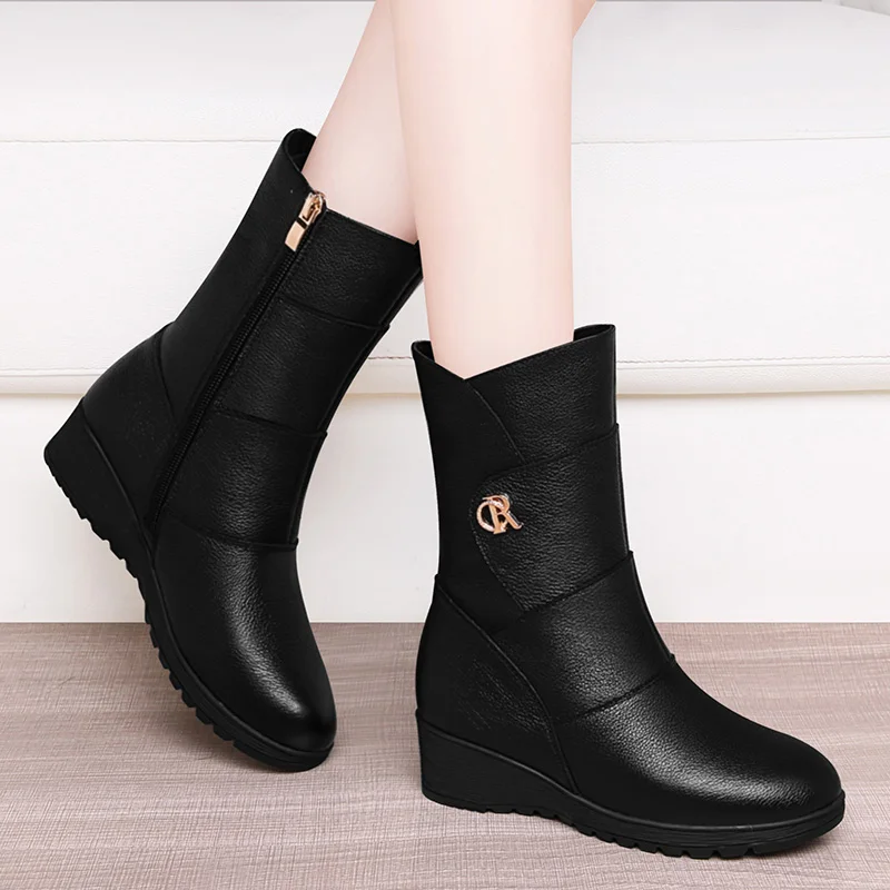 Genuine Leather Snow Boots mid calf adult fashion Villus short boots 2024 autumn winter Ankle boots women\'s boots cotton shoes