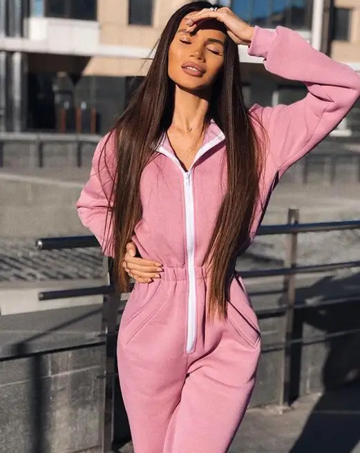 Autumn Winter Women Zipper Hoodies Collar Pocket Loose Jumpsuits  For Girls Casual Go Out Sport Overalls Pink Black Playsuits