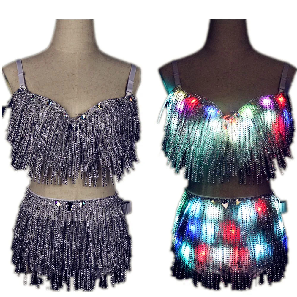 LED Clothes Glowing Bra Shorts Fashion Luminous Suits Belt Show Women Reflective Face Tasseled Bra Belly Dancer Dress Accessorie