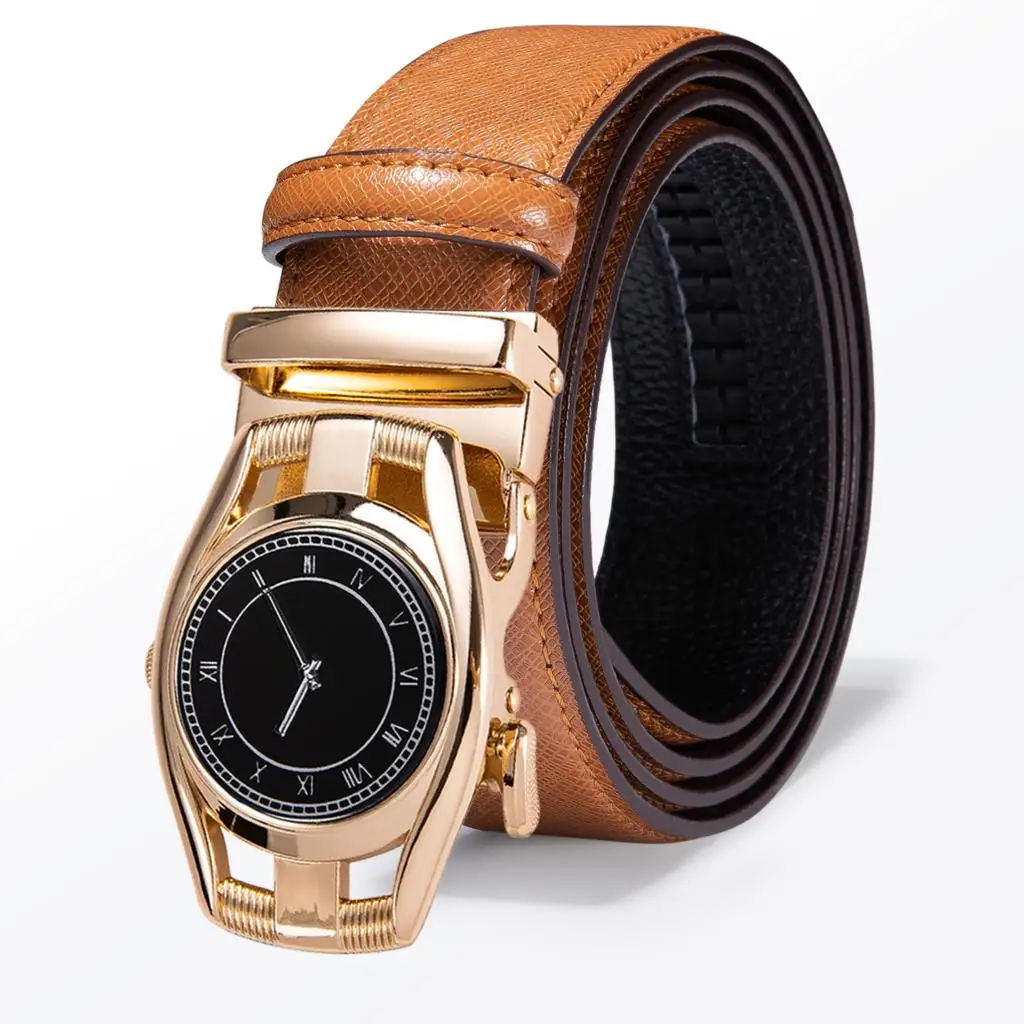 

Hi-Tie Luxury Golden Watch Buckle Brown Leather Men Belt for Men Personality Designer Automatic Buckle Brand Male Strap 130cm