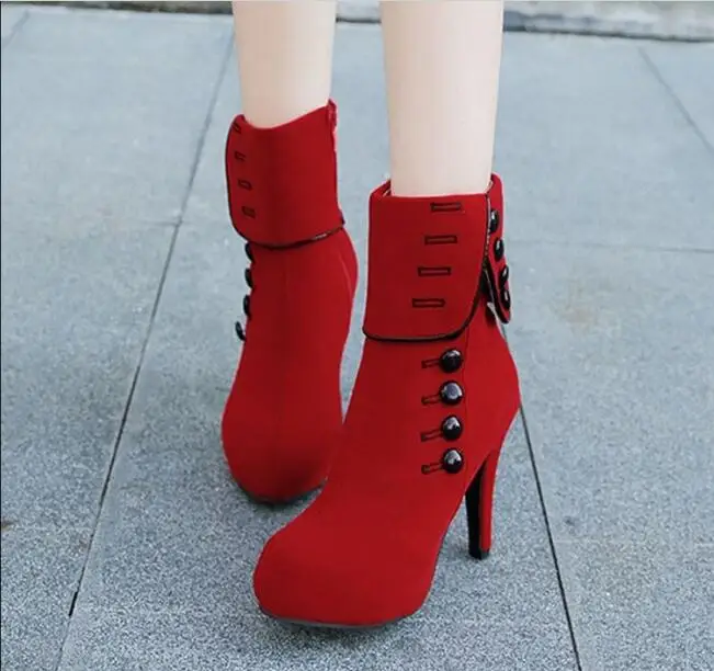 Autumn Winter Woman Boots Women Shoes Suedes Thick Fur Ankle Boots Women High Heel Platform Rubber Shoes Boots Red wedding shoes