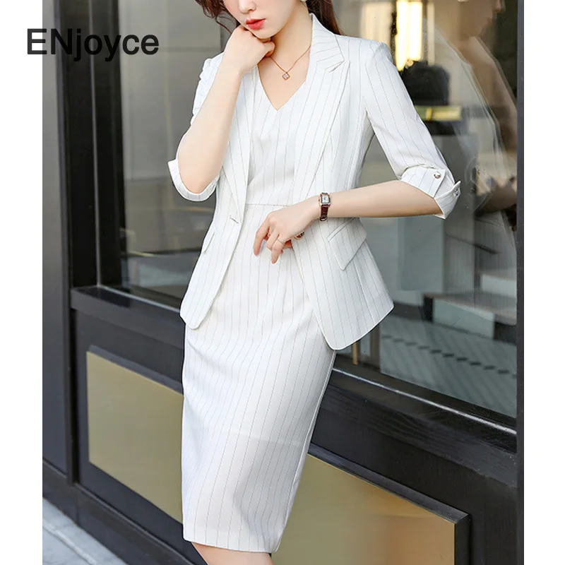 

ENjoyce Business Workwear Women Slim Striped Blazer and Dress Two Pieces Set Outfit Office Ladies Uniform Suits Spring Summer