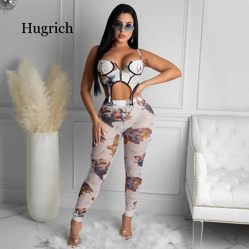 2021 Spring New Zipper Printing Suspender Vest and Long Pants Casual 2 Pieces Suit for Women