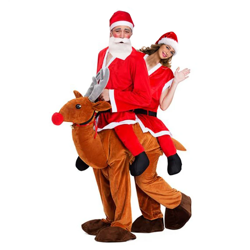 Kerst Kerstman Rit Op Rendier Mascotte Kostuum Paar Kerst Cosplay Dubbele Persoon Elanden Dier Grappig Jurk Nieuwigheid Speelgoed