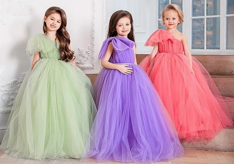 Robe longue à fleurs en Tulle pour filles, asymétrique, épaule dénudée, tenue de fête de mariage pour enfants, accessoires de photographie, nouvelle collection