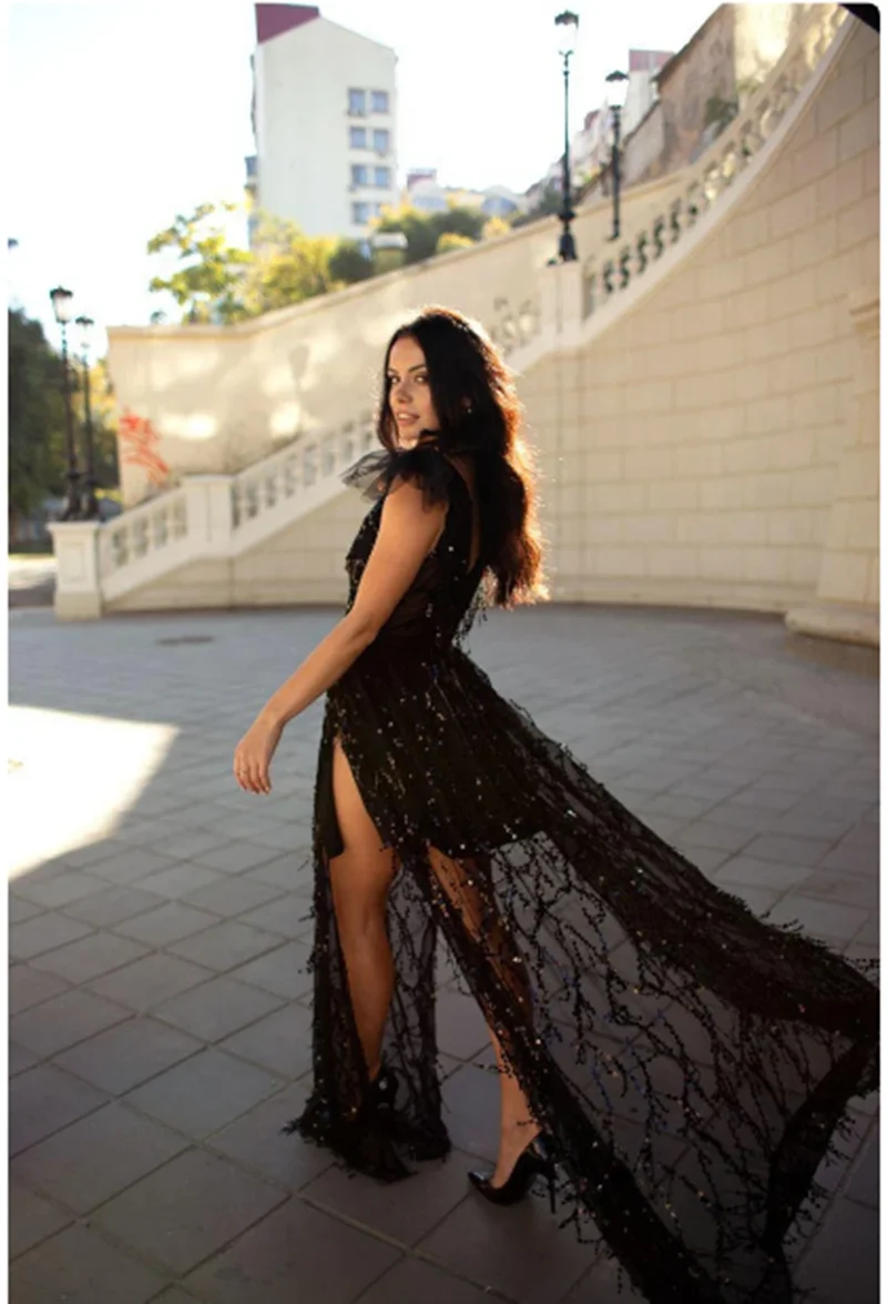 

Black Sequin Lace For Women Split Prom Dresses Formal Sexy Gown Handmade Halloween Evening Dress