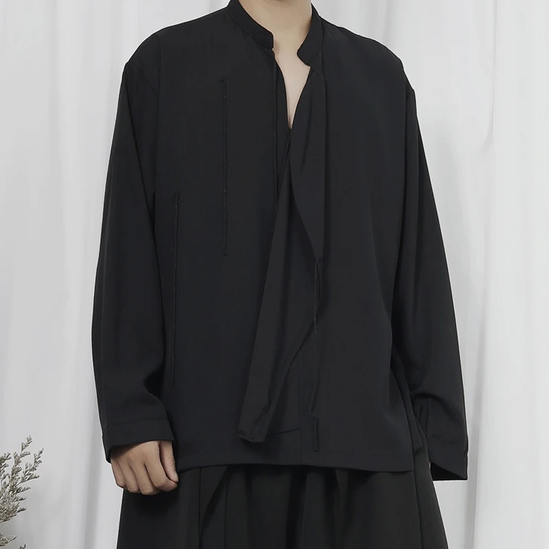 Men's Long-Sleeve Shirt Spring And Autumn New Style Yamamoto Dark Mature Stand Collar Tie Casual Loose Large Size Shirt
