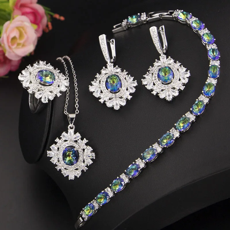 

Zlxgirl jewelry Green opal cubic zirconia wedding necklace with earring ring bracelet jewelry sets high women's couple jewelry