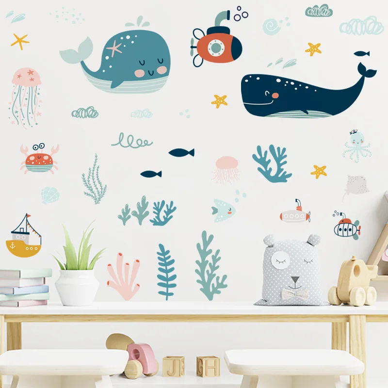 

Ocean Theme Wall Decals For Kids Room Whale Sea Life Stickers Waterproof Nursery Decor Removable Underwater World Wall Art