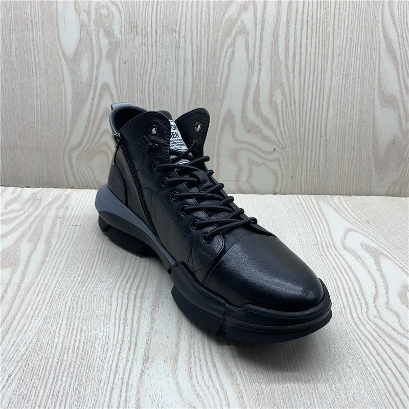 New Genuine Leather Active Shoes Mens Black Outdoor Warm High-Top Lace Up Waterproof Breathable Natural Cowhide Casual Shoes