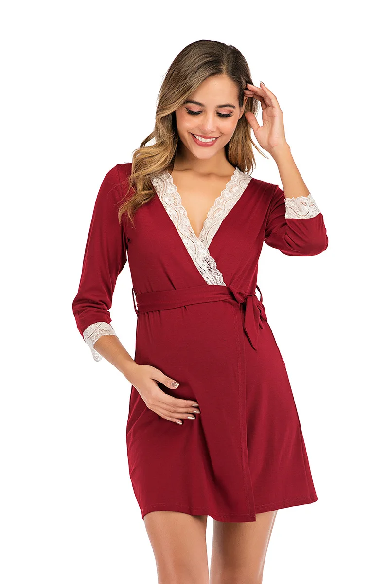 

Fashion Women Maternity long Sleeve Cute Pajamas Women Maternity red blue Cute lace Nursing Nightdress Breastfeeding Dress