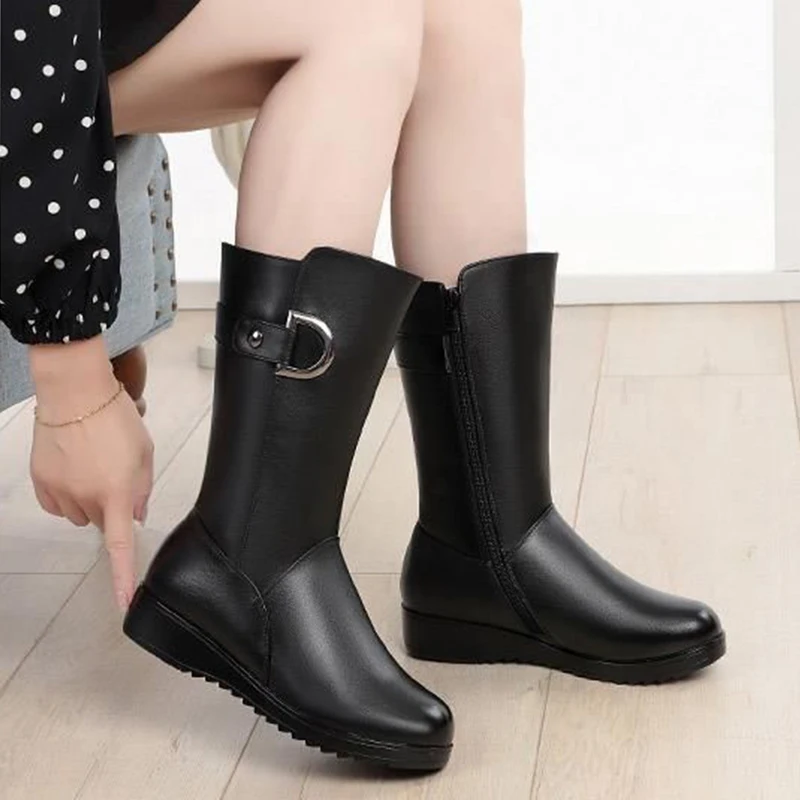 Women's Flat Non-Slip and Velvet Martin Boots, Women's Thick Waterproof Winter Warm Leather Boots, Mid-Tube Flat Boots