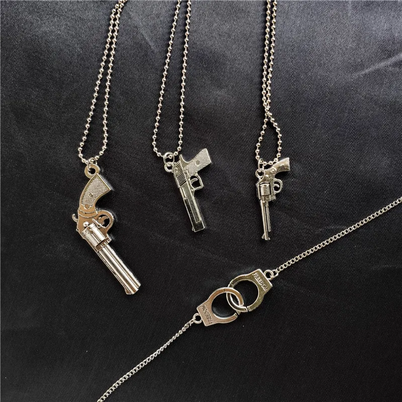 Retro Pistol Handcuffs Pendant Necklace for Women Men Punk Antique Alloy Beads Chains Cool Jewelry Birthday Gifts