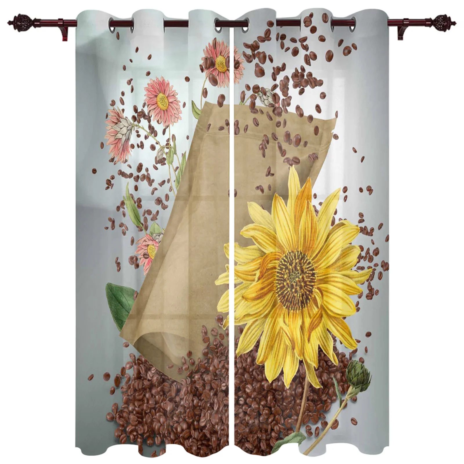 Living Room Curtains Coffee Beans Sunflower Modern Home Decor Bathroom Kitchen Bedroom Balcony Floor Valance Curtains