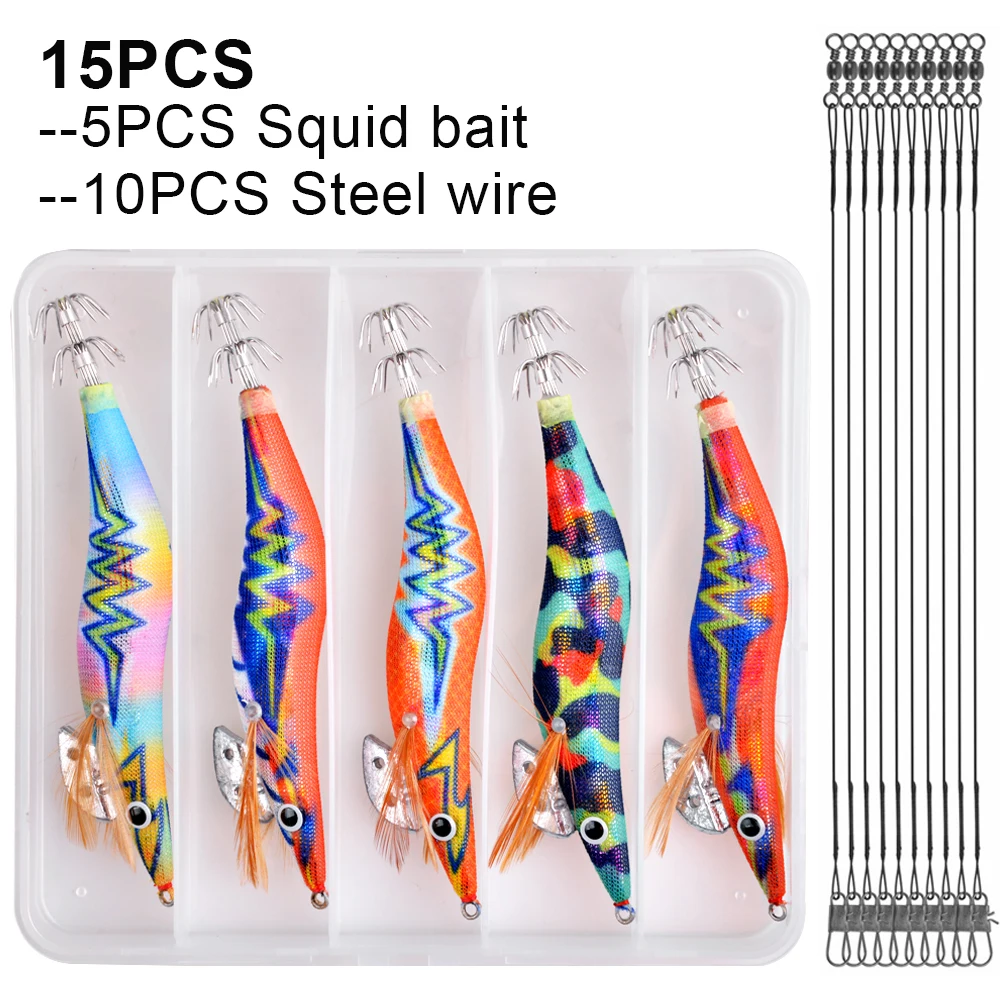 

15Pcs Luminous Fishing Squid bait Steel Wire Leader Set Saltwater Wood Shrimp Lead Jig Hook Octopus Cuttlefish Trolling Bait