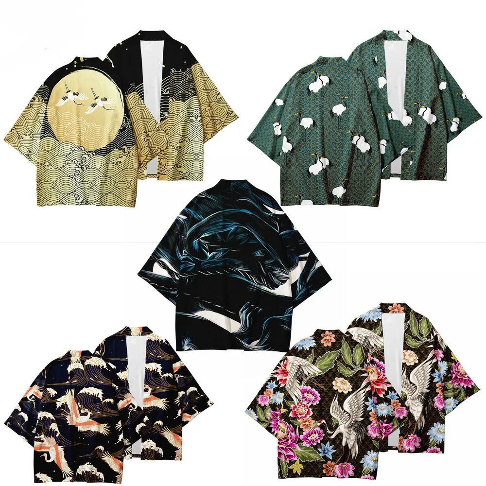 

3 to 14 Years Kids Kimono Shirt Haori Yukata Crane 3D Printing Cosplay Girls Boys Streetwear samurai Kimonos Children Clothes