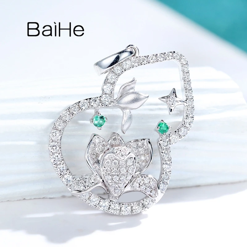 BAIHE Real Solid 14K White Gold Natural Emerald Diamond Gourd Pendant Women Trendy Party Fine Jewelry Making Colgante calabaza