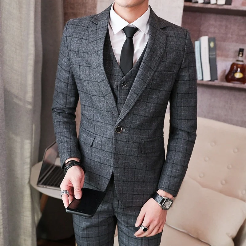 

Mens 2022 Three Piece Formal Office Business Plaids Suit Wedding Groom Suits Male Plus Size M-5XL Dress Suit (Blazer+Vest+Pants)