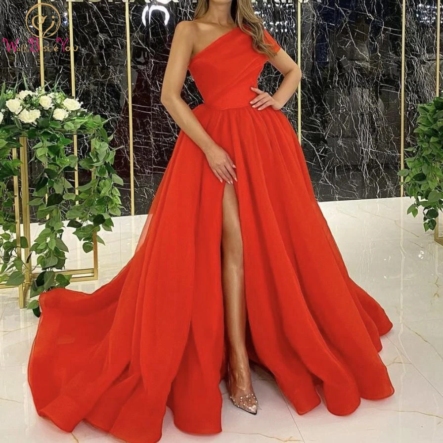 Red Ball Gown Prom Dresses 2024 One Shoulder Organza Front Split Elegant Evening Gowns Pink Ivory Women Formal Party Dresses