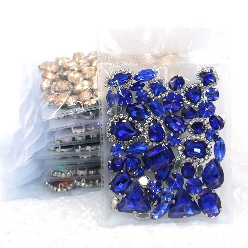 50pcs/Bag Royal Blue Mixed Shape Sew on Glass Rhinestone Silver Claw Crystal Buckle Diy Wedding Decoration Clothes/Shoe/Dress