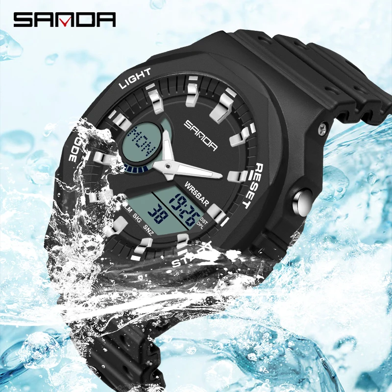 SANDA New Outdoor Sport Wrist Watch Men Waterproof Watches   LED Luminous Men Clock G style Quartz  Dual Display Ms Wristwatch