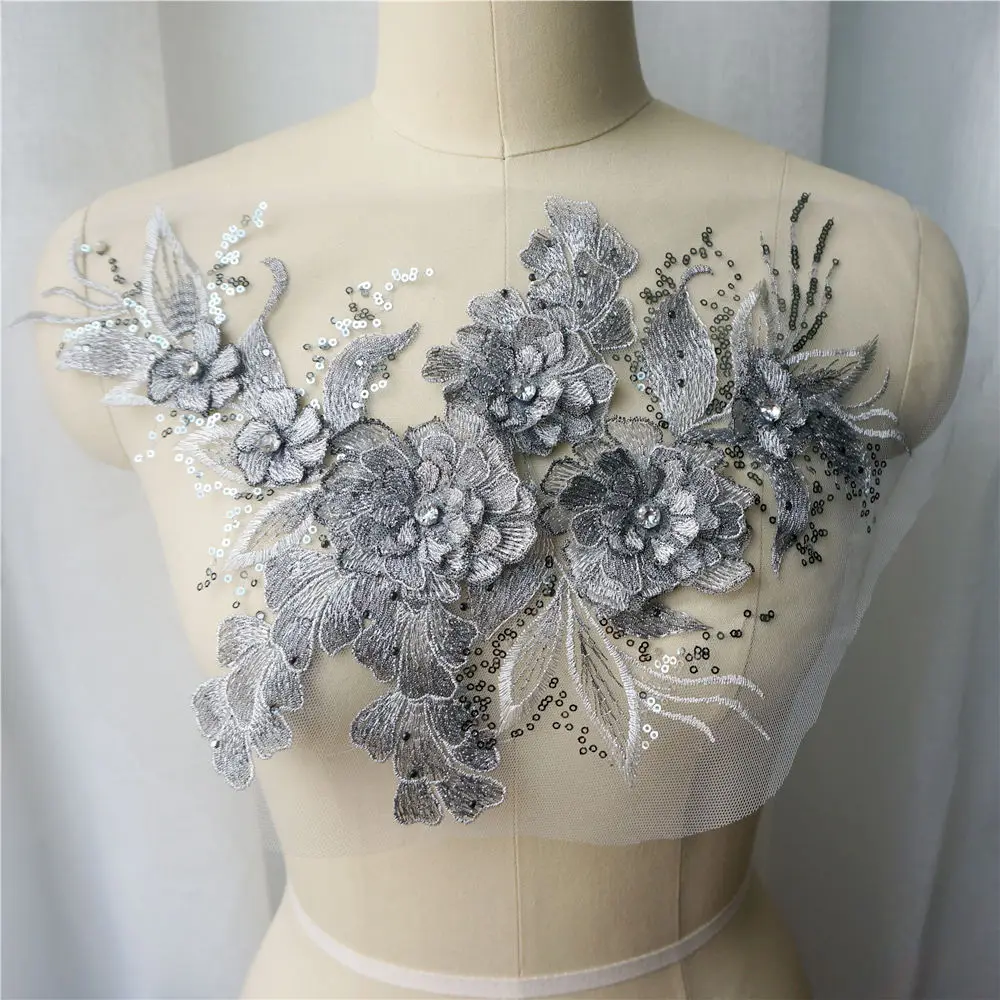 Grey Blue Red 3D Flower Leaf Lace Fabric Sequin Rhinestone Embroidered Gown Appliques Collar Mesh Sew Patch For Wedding Decor