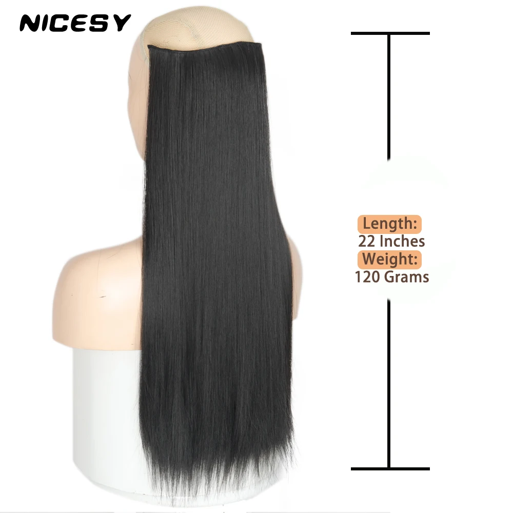 NICESY Synthetic Black Long Straight Clip-in Extensions Hair 22Inch Women Fake Hair 5 Clips High Tempreture Hairpiece