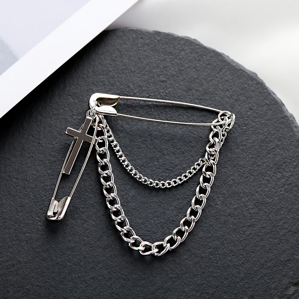 New Retro Punk Big Pins Cross Brooches Unisex Couple Chain Design Suit Accessories Hot Sale Metal Brooch